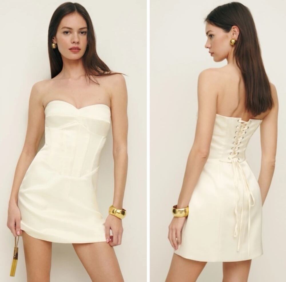 Reformation Pacie Satin Corset Mini Dress Ivory Cream Size 12 Strapless